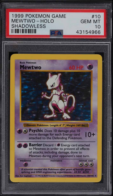 5. 1999 Pokemon Base Set Shadowless Holo Mewtwo