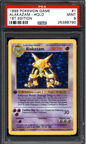 1999 Pokemon Base Set Phiên bản đầu tiên Shadotless Holo Alakazam #1