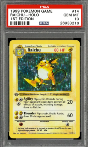 1999 Pokemon Base Set Phiên bản đầu tiên Shadotless Holo Raichu #14