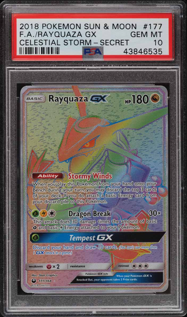 9. 2018 Pokemon Sun & Moon Celestial Storm Secret GX Rayquaza #177